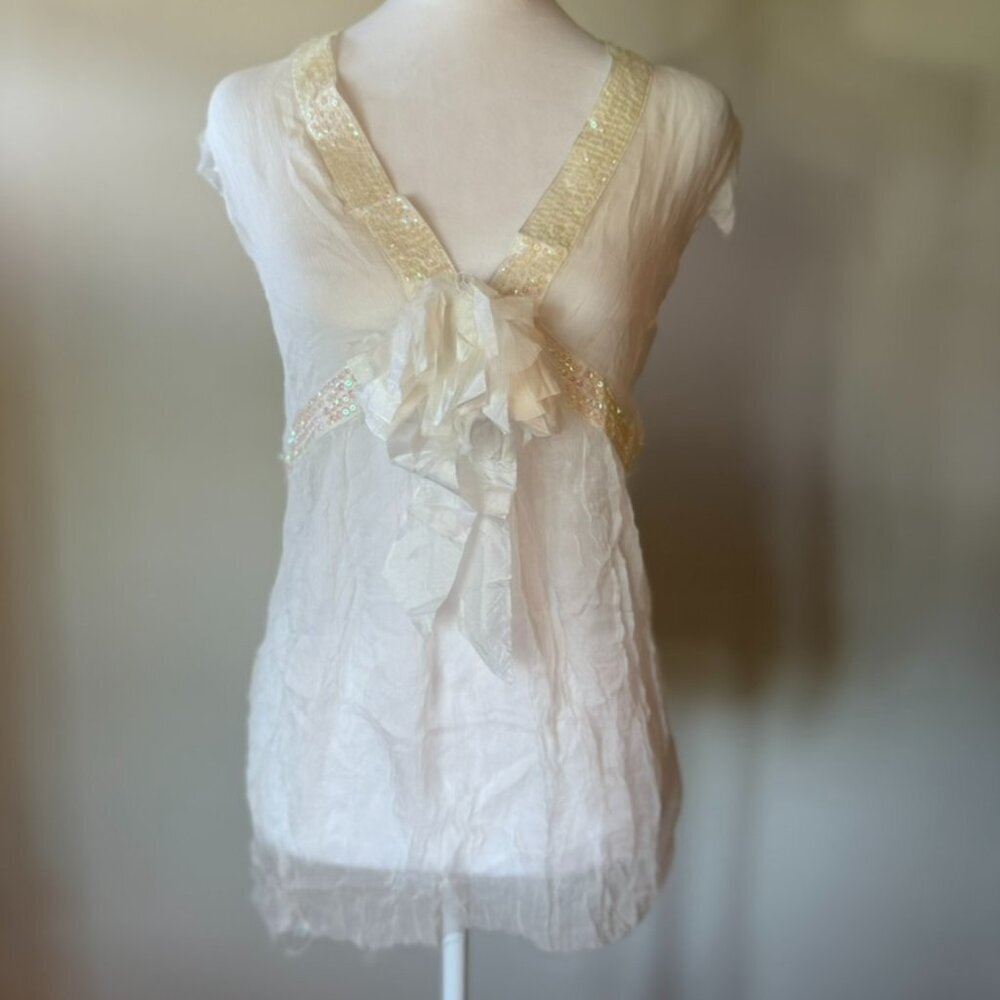Y2K Coquette White Sheer Silk Sequin Flower Puff Women's Summer Silk Blouse NWT